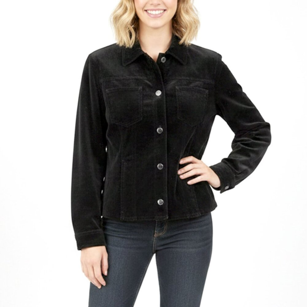 Jones New York Signature Velour Jacket Snap Button Shacket Black Collared